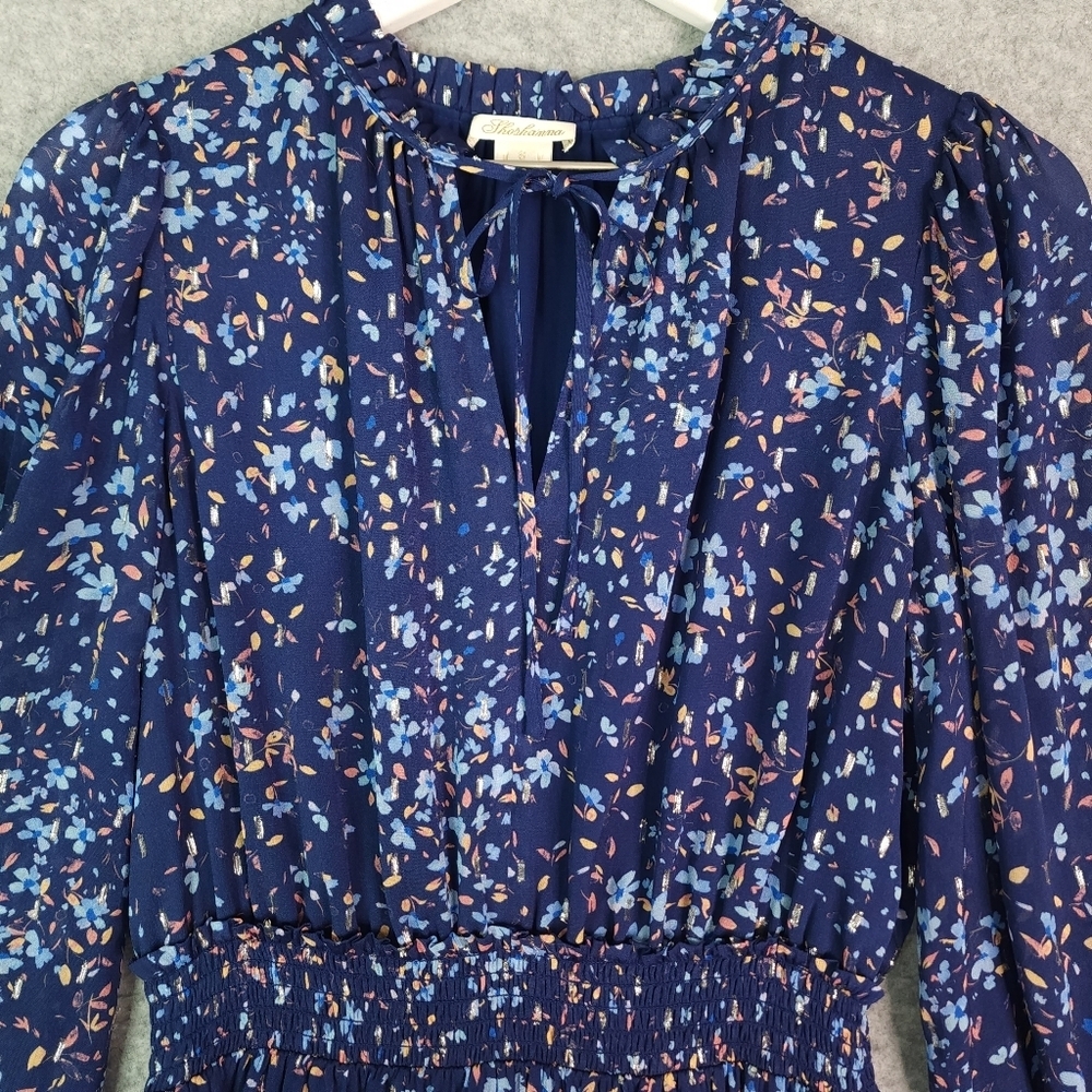 Shoshanna Jaxon Smocked Floral-Print Midi Metallic Chips Dress Size 6 - Picture 6 of 12